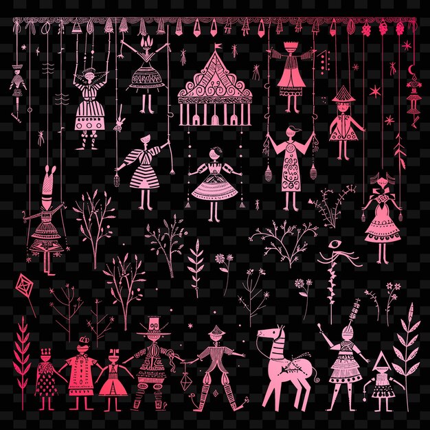 PSD whimsical puppet folk art with string pattern and theater de illustration decor motifs collection