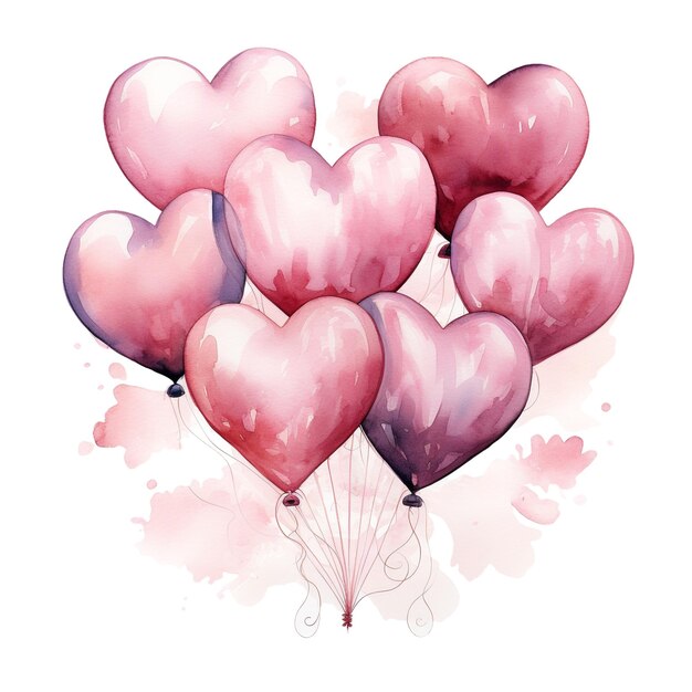 A whimsical and romantic illustration of a bunch of pink heartshaped balloons