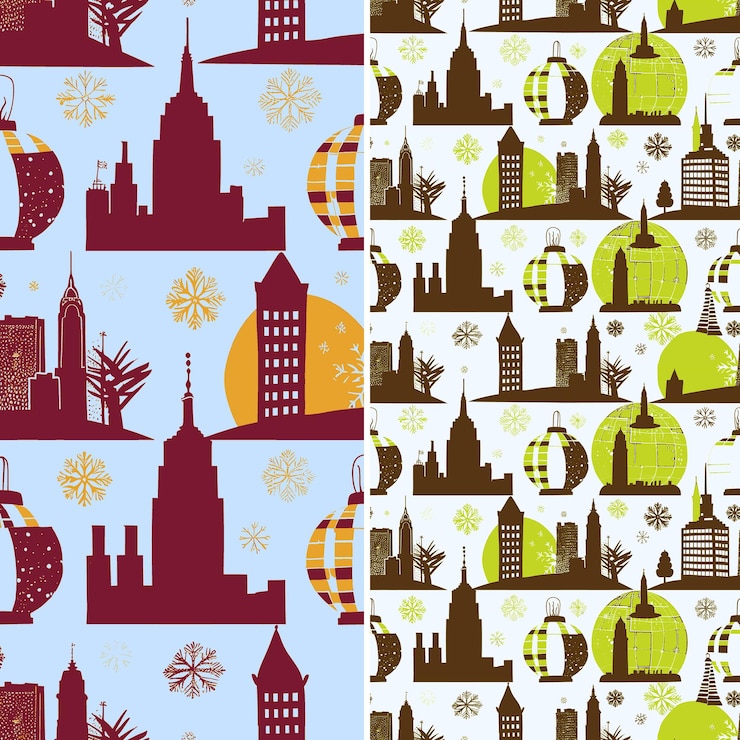 PSD 都市風景のシルエットとイラストのベクトルパターンデザインの奇妙な雪球