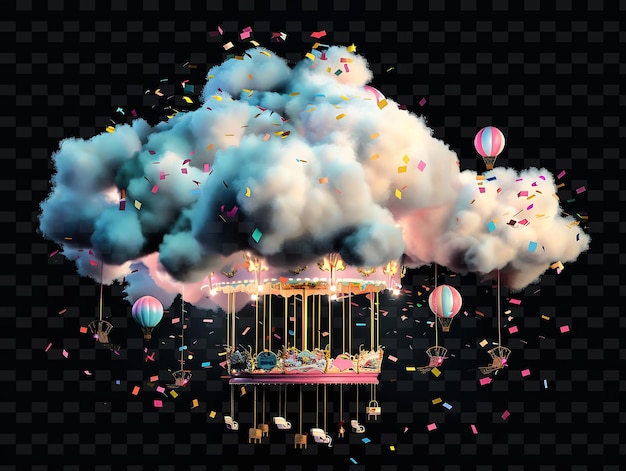 PSD whimsical stratocumulus cloud with miniature hot air balloon neon color shape decor collections