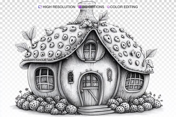 PSD whimsical strawberry fairy house coloring page design