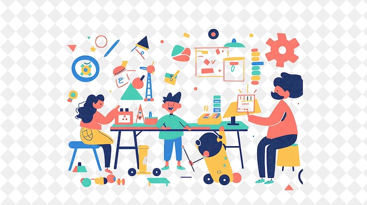 PSD whimsical toy designer with characters designing and creatin png people in daily work illustration
