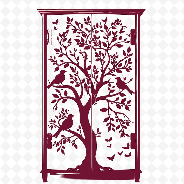 PSD whimsical wardrobe outline with tree of life design and bir illustration decor motifs collection