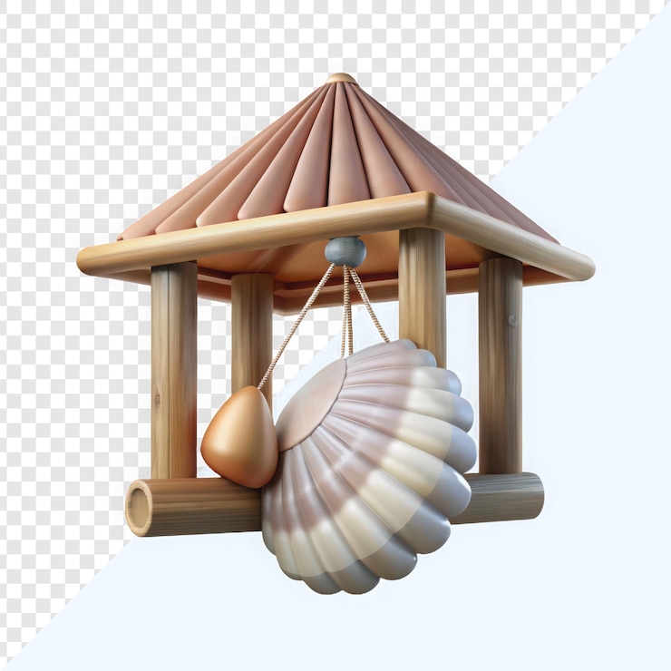 PSD whimsical wooden birdhouse with unique shell design for garden decor and attracting birds