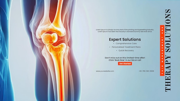 Whiplash pain management banner template with digital knee pain illustration showing left leg bone structure with vibrant colors emphasizing joint issues