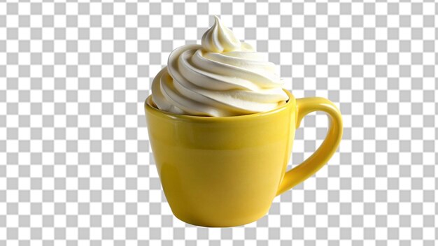 Whipped cream on a yellow ceramic cup isolated on transparent background
