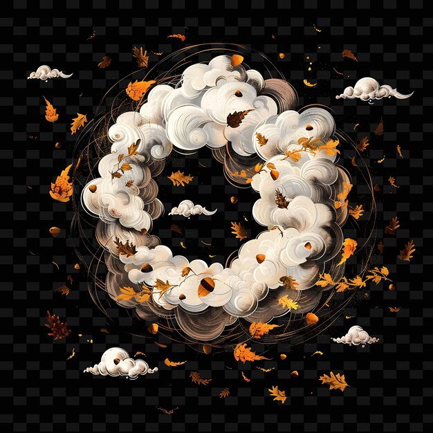 Whirling autumn cloud met vallende bladeren en gouden eikels neon color shape decor collections