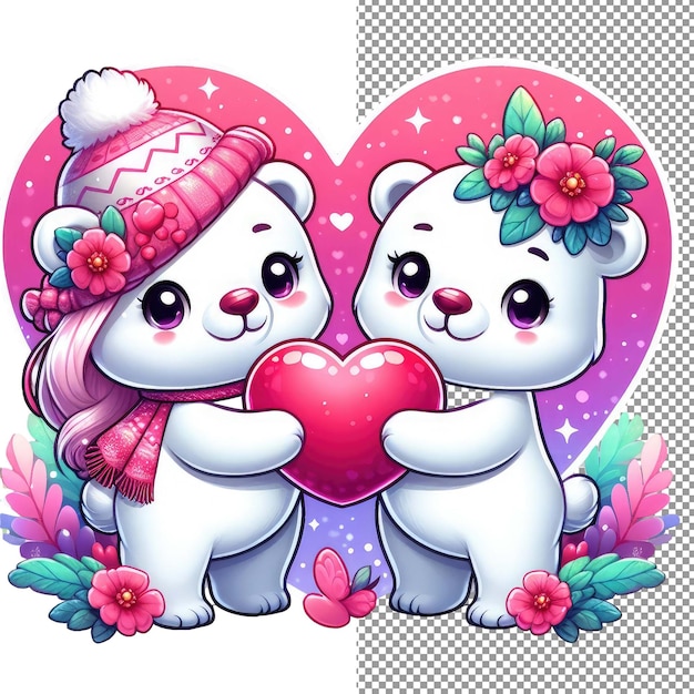 PSD whiskered romance vector art of adorable animal couple holding a heart