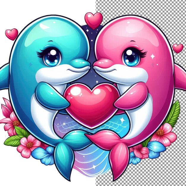 PSD whiskered romance vector art van een schattig dierlijk stel dat een hart vasthoudt