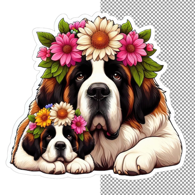 Whiskered wonders dog and puppy in a garden of joy sticker