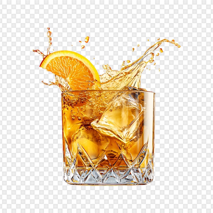 PSD whiskey cocktail z pomarańczowym kawałkiem i lodem