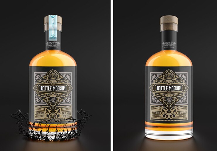 PSD whiskey glass bottle mockup isolated