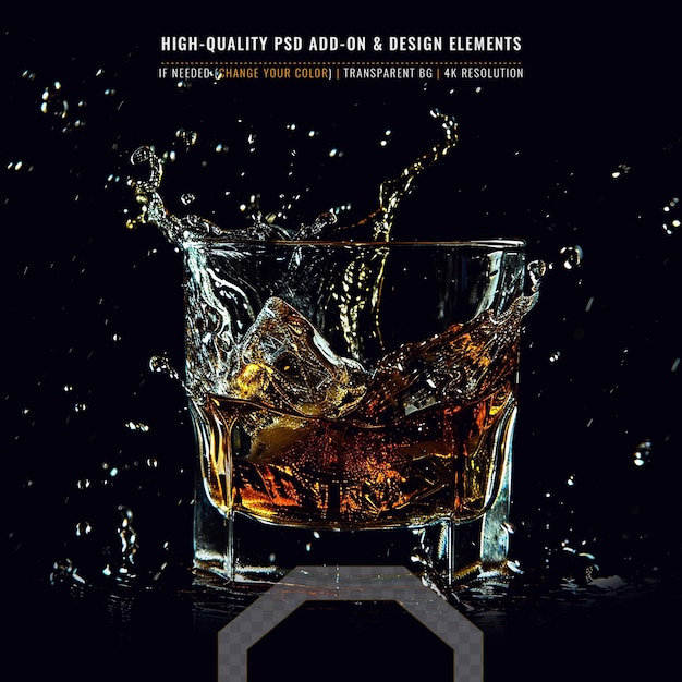 PSD whiskey met splash op een doorzichtige achtergrond