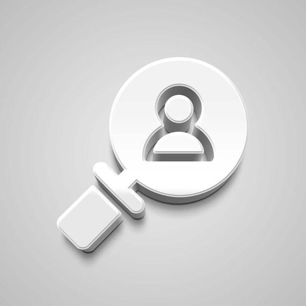 A white 3d icon with a person in the middle and a magnifying glass