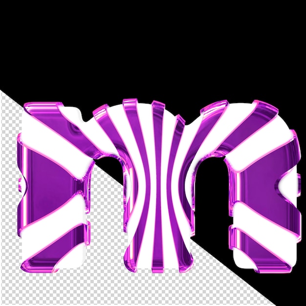 White 3d symbol with purple thin vertical straps letter m