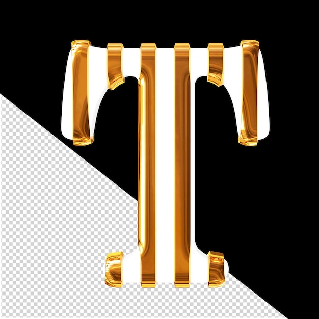 White 3d symbol with thin gold vertical straps letter t