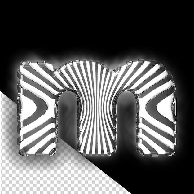 White 3d symbol with ultra thin black luminous vertical straps letter m