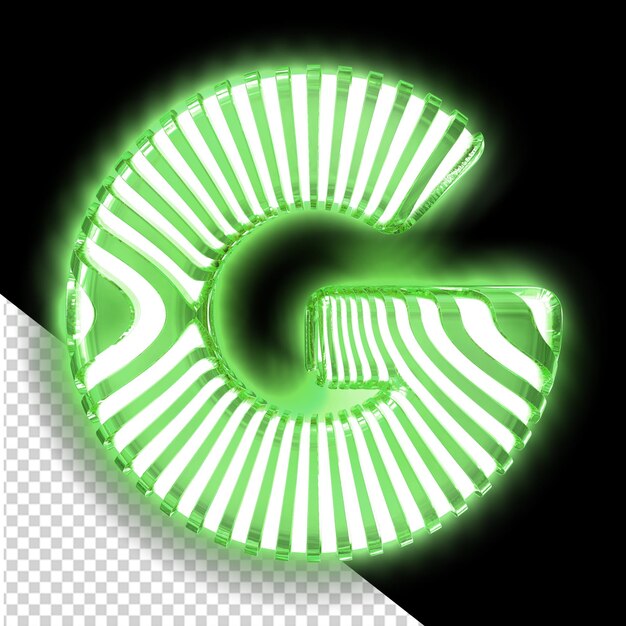 PSD Белый 3d-символ с ультра тонкими зелеными светящимися вертикальными ремнями буква g