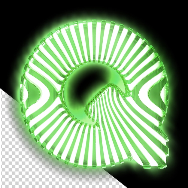White 3d symbol with ultra thin green luminous vertical straps letter q