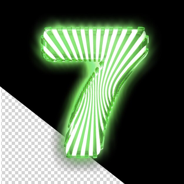 White 3d symbol with ultra thin green luminous vertical straps number 7