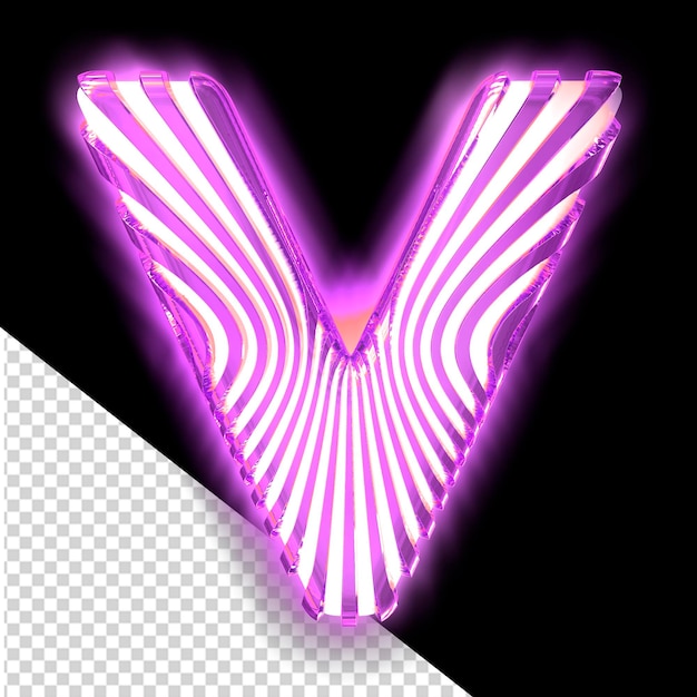 Simbolo bianco 3d con cinghie verticali viola luminose ultra sottili lettera v