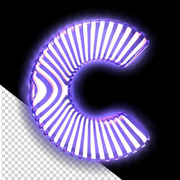 White 3d symbol with ultra thin purple luminous vertical straps letter c