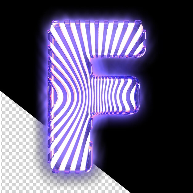 PSD white 3d symbol with ultra thin purple luminous vertical straps letter f