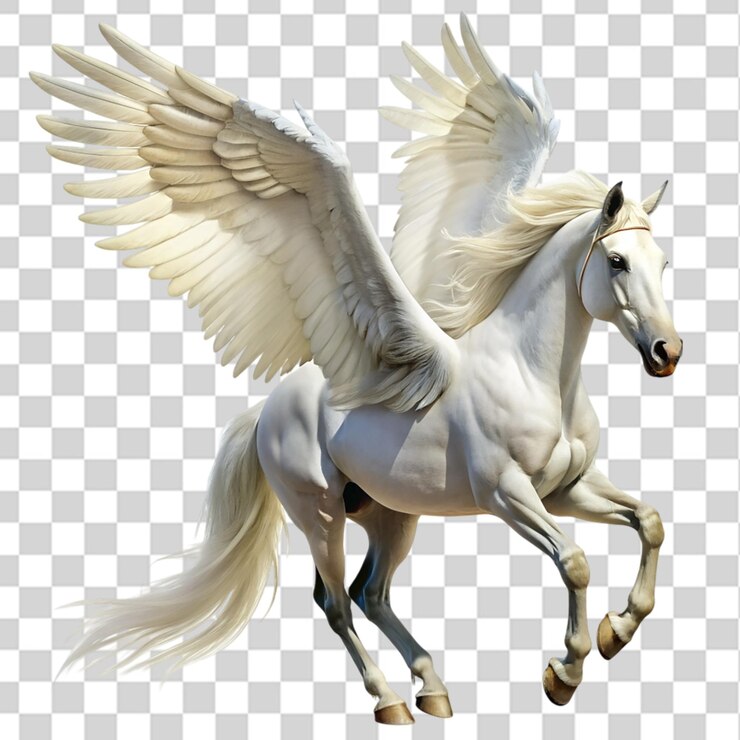 PSD white adult horse with wing isolated on transparent background