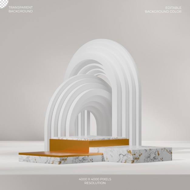 white arch 3d rendering transparent background of block shape marble podium in square