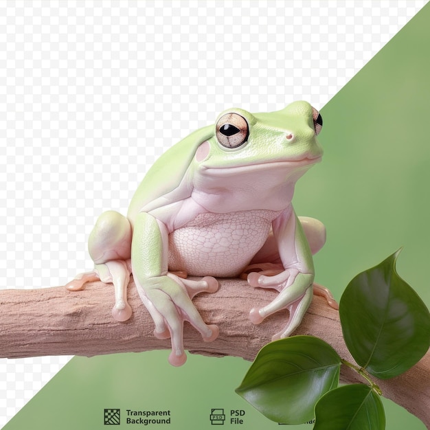 PSD white australian tree frog perched on a branch dumpy frog on branch place of refuge for tree frogs close up of amphibian