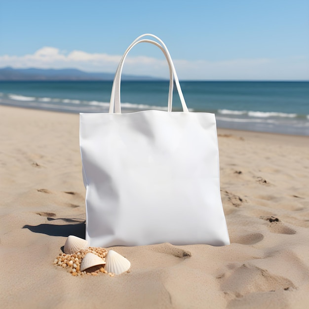 Un modello di borsa bianca sulla sabbia della spiaggia