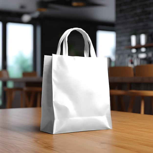 A white bag mockup with handles on a wooden table