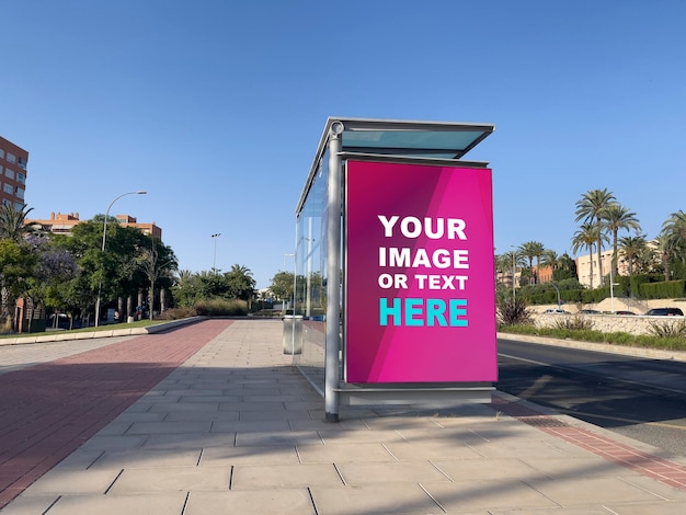 White banner on the bus stop on a street stock photo