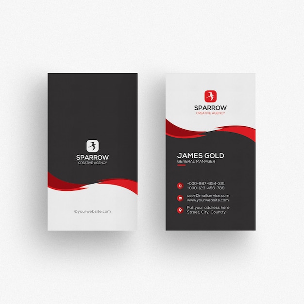 White and black business card with red details