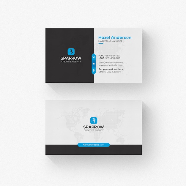 White and black business card with red details