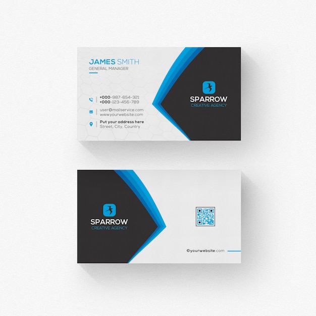 White and black corporate business card with blue shapes