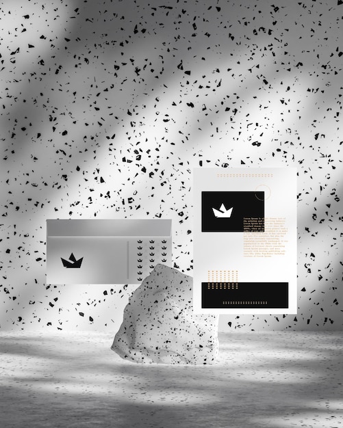 PSD white and black envelope with a4 paper stationary mockup on white marble background 3d render