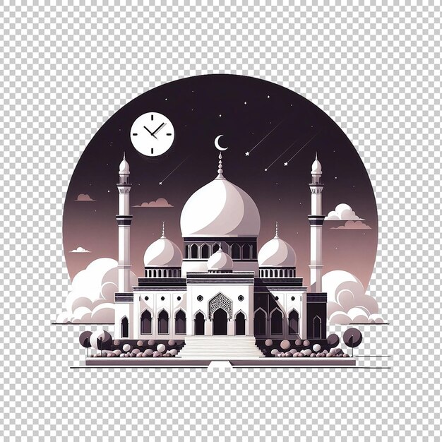 A white and black mosque with a white dome and a clock on transparent background ai generative