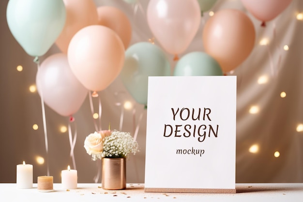 PSD white blank card on holiday background with balloons and candles mockup for displaying art work or congratulations