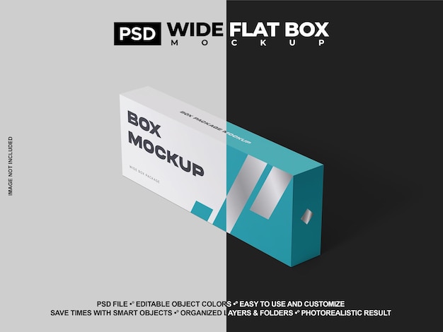 White blank cardboard box with realistic look Studio Wide Flat box mock up PSD Mockup branding