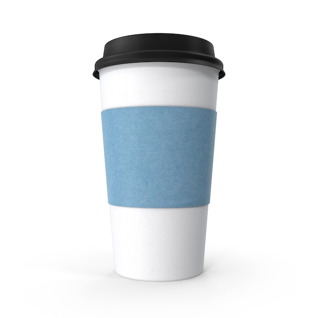 a white and blue coffee cup with a black lid