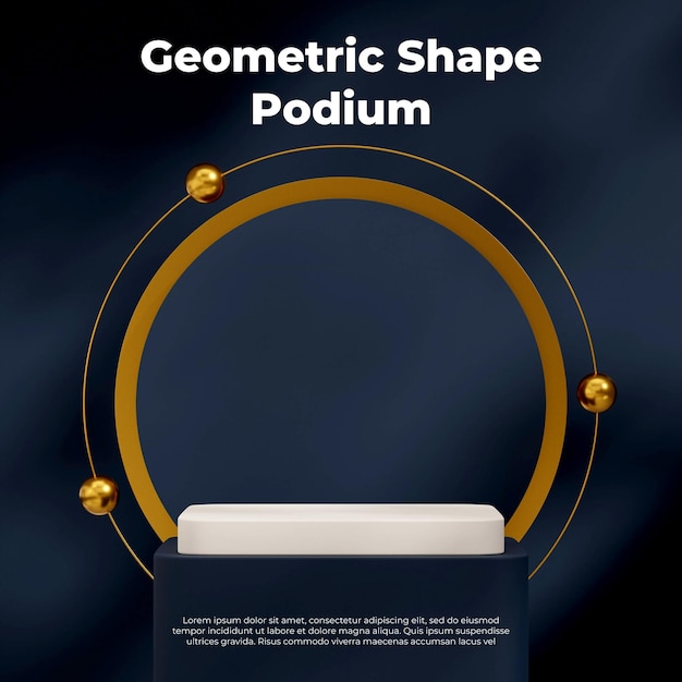 white and blue color podium in square with gold sphere and ring 3d rendering mockup template