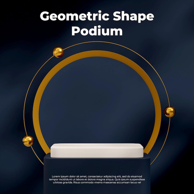 金球とリングの 3 d レンダリング モックアップ テンプレートと正方形の白と青の色の表彰台