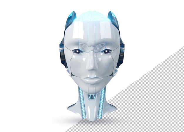 PSD white and blue female cyborg robot head isolated on white  3d rendering