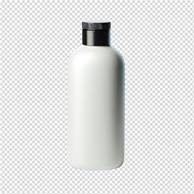 A white bottle of white liquid with a black cap