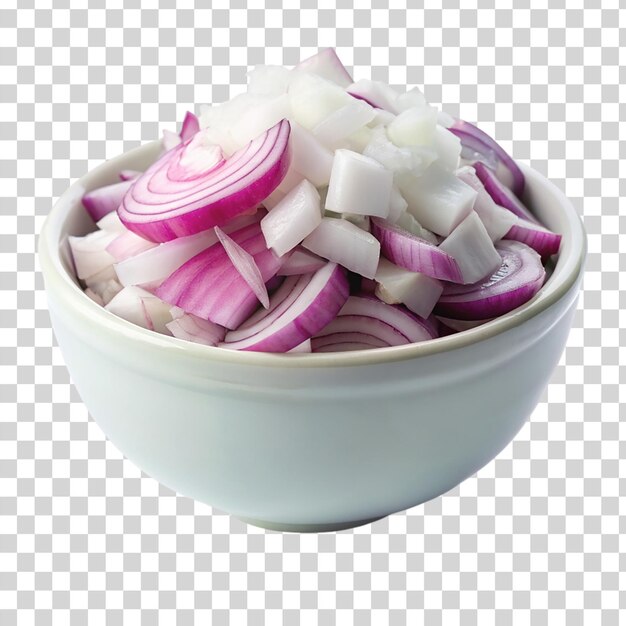 A white bowl on coped onions on transparent background