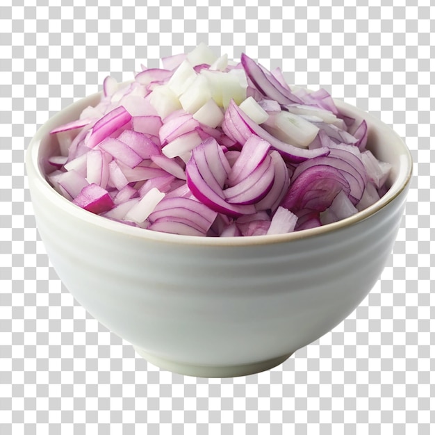 PSD a white bowl on coped onions on transparent background