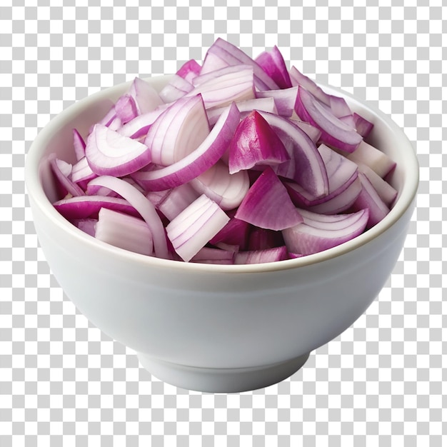 A white bowl on coped onions on transparent background