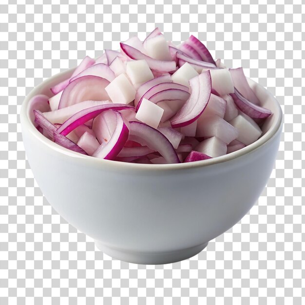 A white bowl on coped onions on transparent background