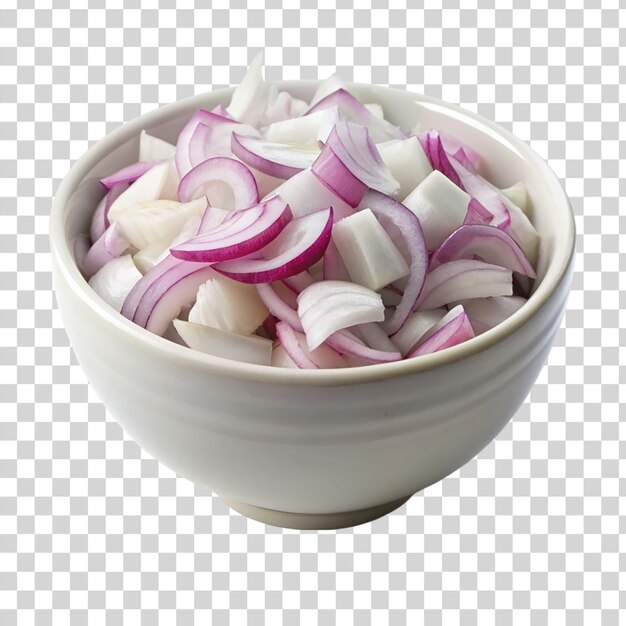 A white bowl on coped onions on transparent background